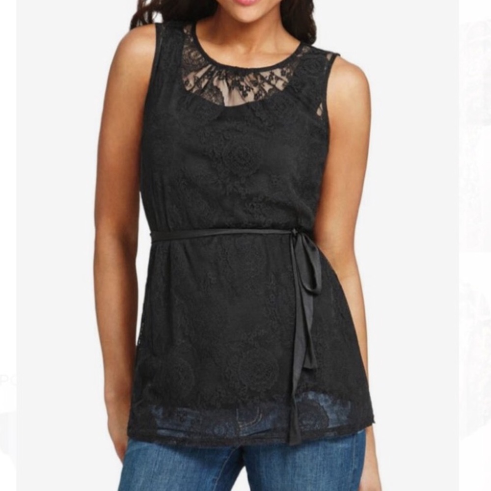 New CAbi Date Night Black Lace Tunic Top Belt Style# 942 New Without Tags M - Picture 1 of 9